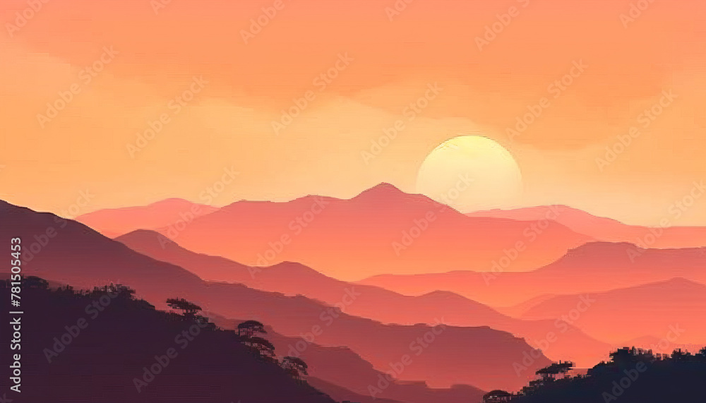The sun sets behind the mountains, painting the sky in hues of orange and pink The sun sets behind the mountains, painting the sky in hues of orange and pink
