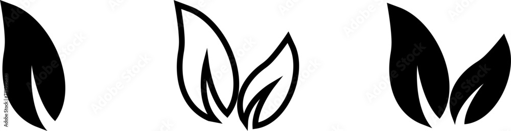 Leaf vector icons. Eco leaf logo. Simple linear leaves of trees and plants. Elements for eco friendly and bio logo,vegan. Black leaves collection. Outline ecology leaf symbol.