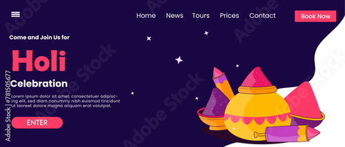 Happy Holi color Festival landing page template illustration. 