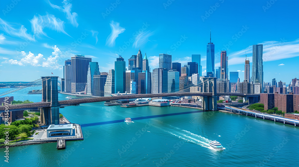 Iconic New York City Landscape, Manhattan and Brooklyn Bridges Towering Over East River Amidst Skyscrapers, Carsand Ferry Boats in Cinematic Urban Skyline, Beneath a Clear Blue Sky 