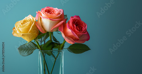Bouquet of multi-colored roses on a green background.