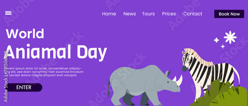 World Animal Day Poster with Wild animals silhouette set. Landing page template, horizontal banner.  international. Animal Day