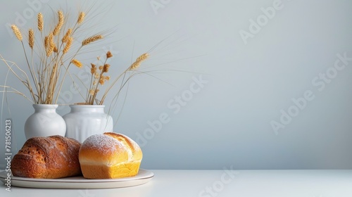 A minimalist style of delicious cakes and bread photo