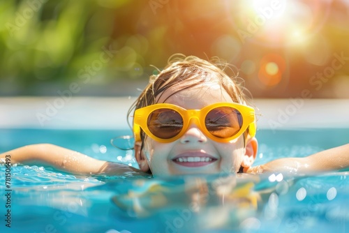 A close up portrait happy boy child wearing yellow sunglasses having fun in the swimming pool during hot summer day. Children's Day.