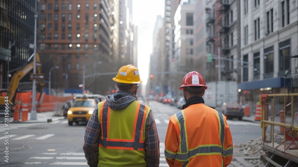 two men in construction gear standing in a city with buildings in the background