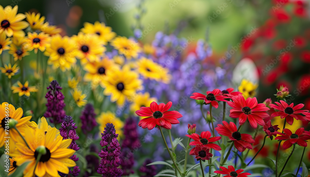 A symphony of colors fills the garden as flowers bloom in vibrant shades of red, yellow, and purple
