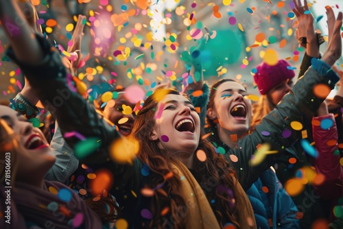 A dynamic shot of a group of friends cheering and celebrating with confetti raining down.