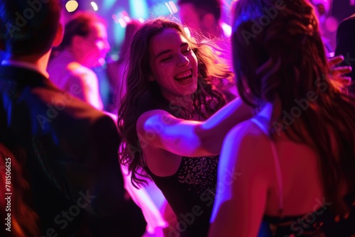 A joyful image of people dancing and embracing on the dance floor, capturing the energy and excitement of a celebration.