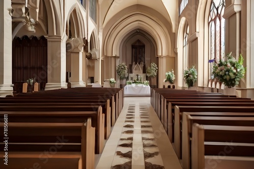 A church with pews and a high arched ceiling.a serene church interior representing the spiritual meaning of Christmas, complete with illuminated pews and a nativity scene. ,interior of church © Shani Studio