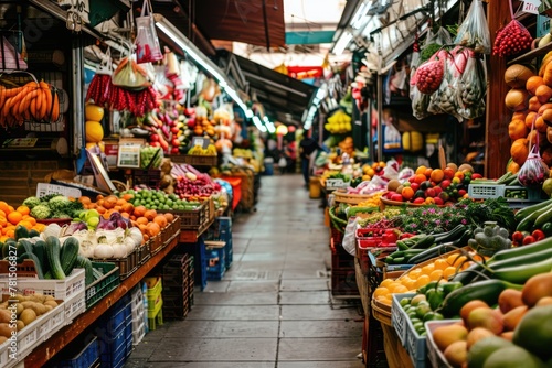 A vibrant empty street market filled with colorful fruits, vegetables, and local products.