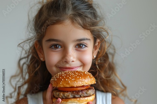 Cute little girl holding a hamburger with a big smile  in a simple white background