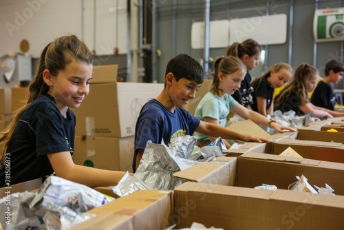 Students of varying ages and backgrounds enthusiastically engage in a school recycling program, working together to sort paper, plastic, and cardboard, nurturing a culture of sustainability.