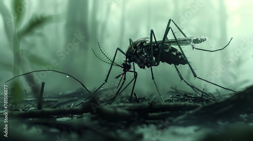 a mosquito in a forest with fog and water droplets on its body and legs © progressman