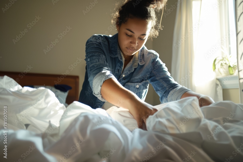 A young woman modern housewife airing out and freshening up bedding and linens during spring cleaning, with face content and hands busy with the task of laundering and folding.