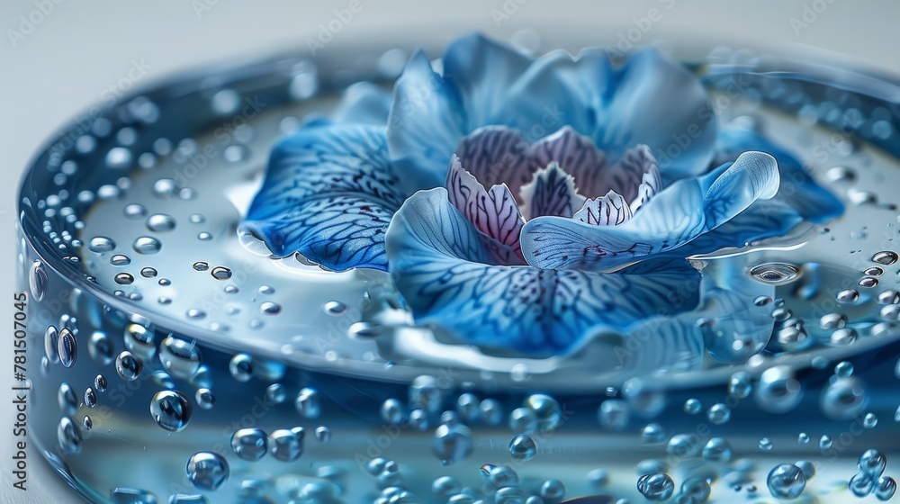  A tight shot of a blue bloom submerged in a bowl, adorned with water droplets at its base - obrazy, fototapety, plakaty 