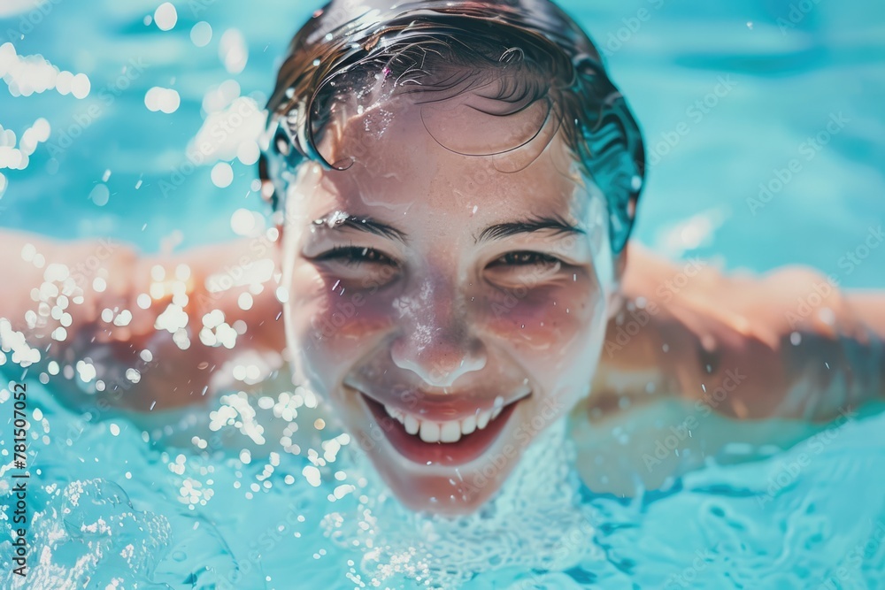 A child boy teenager emerges from a swimming pool, their face glistening with water, wearing a contented smile, embodying the joy of a refreshing swim.