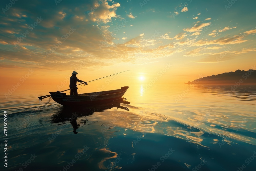 A fisherman casting his line from a boat at sunrise in the river,