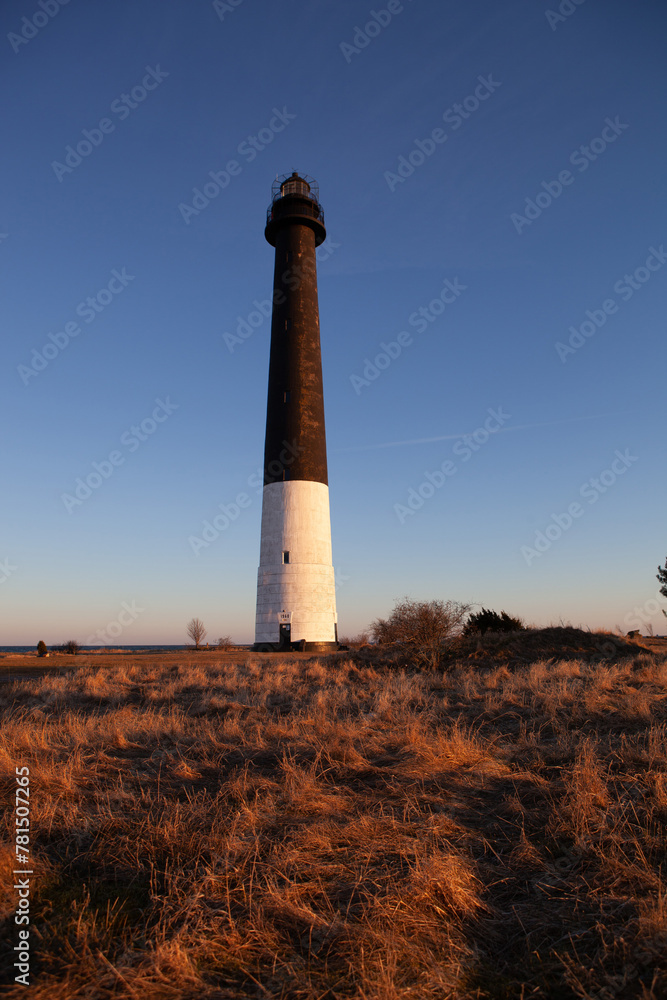 Black and white Sorve lighthouse in field