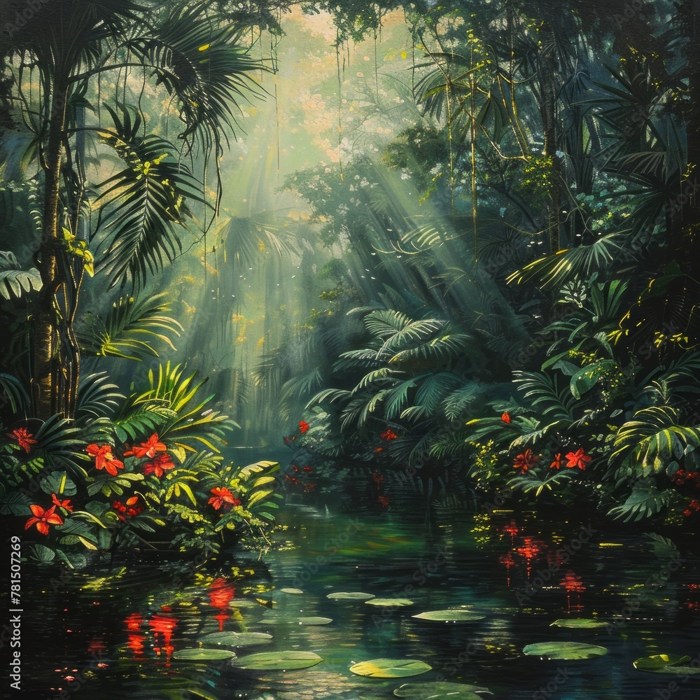 Lush Green Tropical Rainforest with Red Flowers, Sun Rays, and Lake