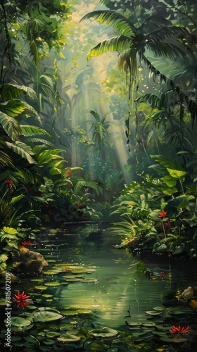 Lush Green Tropical Rainforest with Red Flowers  Sun Rays  and Lake