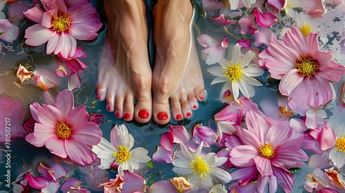 a person's feet in a pool of water with flowers around them