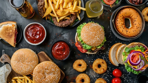 Unhealthy fast food with sauces on wooden table. Top view of various fast foods on the table. National fast food day background concept. copy space. National Junk Food Day