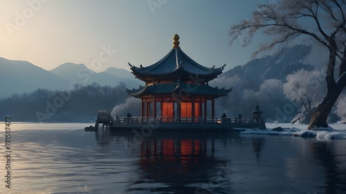 "Digital illustration of a winter landscape on an island, bathed in moonlight with a Chinese pavilion by a flowing river. The scene should have a mystical and serene atmosphere, blending elements of n © Sabir