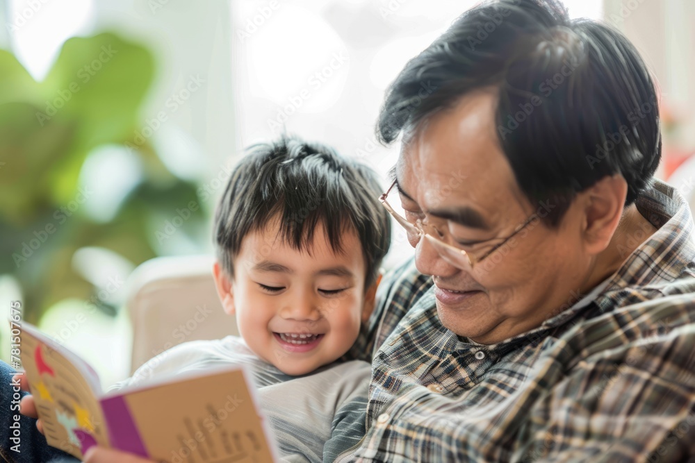 A heartwarming photograph of an Asian grandfather reading a handmade card from his grandchild, a smile spreading across his face. Father's Day.