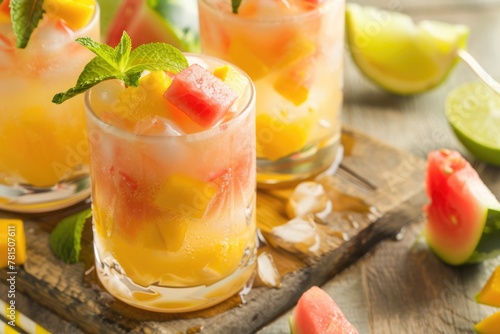 A close-up of capturing the refreshing allure of traditional Mexican aguas frescas, filled with the vibrant flavors of watermelon or mango, perfect for quenching thirst during Cinco de Mayo gatherings
