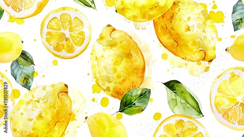 a watercolor painting of lemons and leaves on a white background