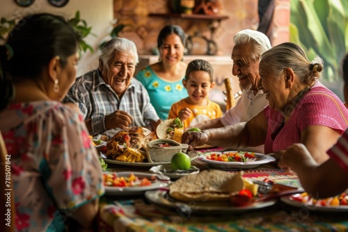 The warmth and togetherness of a family gathered around a festive Cinco de Mayo table, sharing traditional food, music, and laughter in celebration of the holiday.