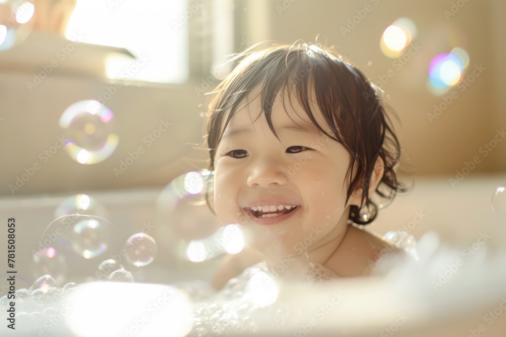 A smiling Asian toddler explores bath time with bubbles at sunny intdoor bathroom. Children's Day. A smiling Asian toddler explores bath time with bubbles at sunny intdoor bathroom. Children's Day.