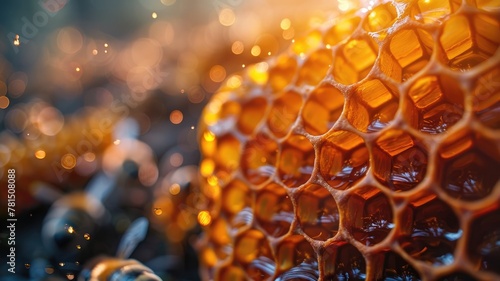 A group of bees are flying around a honeycomb photo