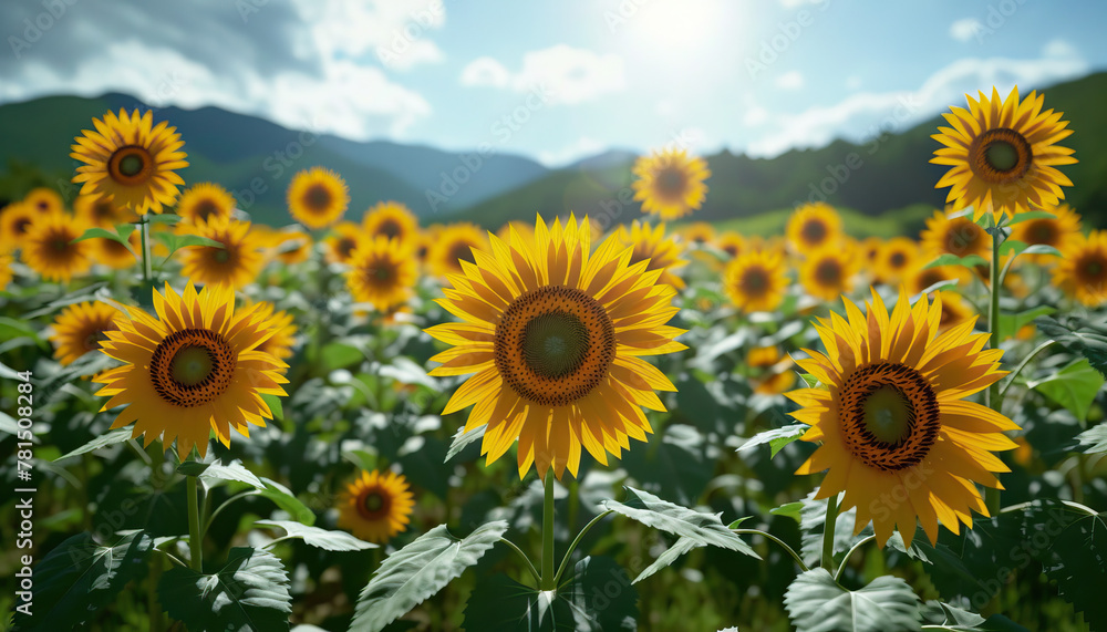 A field of sunflowers turns its bright faces towards the sun, basking in its warm embrace
