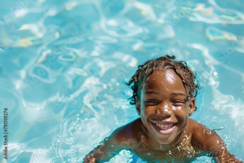 An African American child smiles  enjoying a hot summer day in the swimming pool.