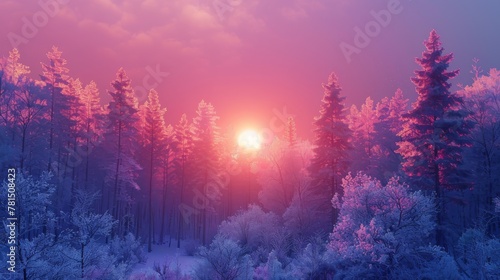 sunset on the forest with vaporwave tone color  suitable for wallpaper  poster. Generative AI