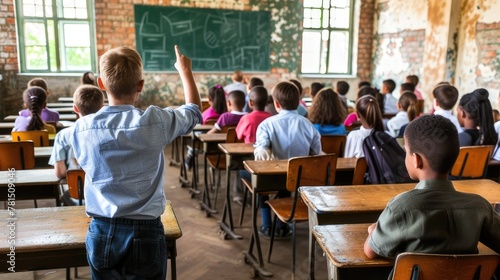 Classroom scene, small students, one raises finger.