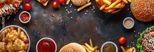 Unhealthy fast food with sauces on wooden table. Top view of various fast foods on the table. National fast food day background concept.