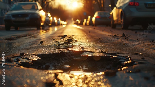 a pothole mars the surface of an urban road, illuminated by the warm light of sunset as cars pass by 