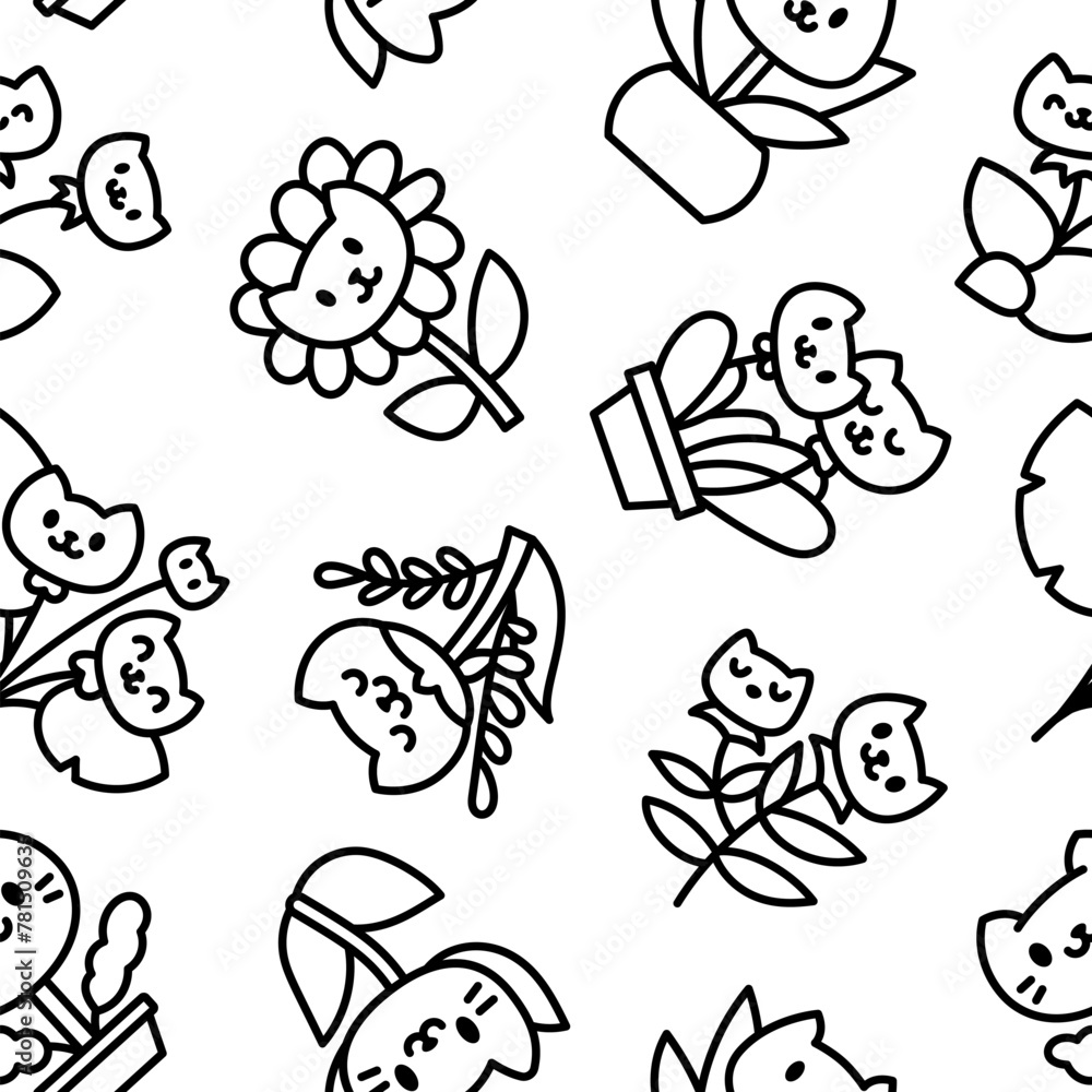 Kawaii flower cat. Seamless pattern. Coloring Page. Cute pet animal cartoon character. Hand drawn style. Vector drawing. Design ornaments.