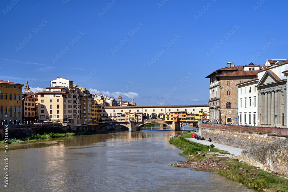 Bridge, tenement houses and historic buildings over the Arno river in the city of Florence