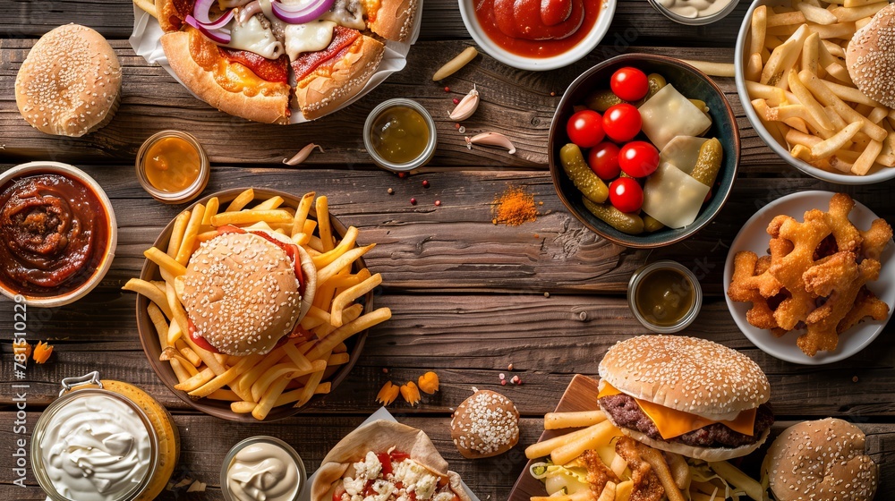Unhealthy fast food with sauces on wooden table. Top view of various fast foods on the table. National fast food day background concept. Unhealthy fast food with sauces on wooden table. Top view of various fast foods on the table. National fast food day background concept.