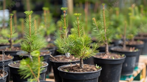 Saplings coniferous trees in pots in plant nursery 
