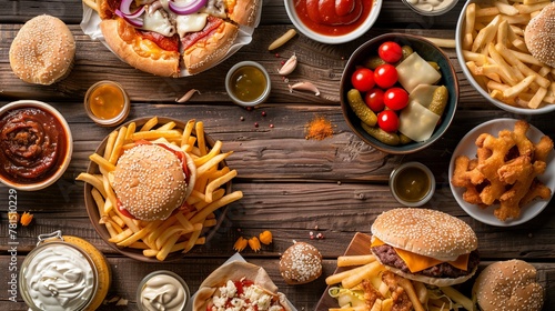 Unhealthy fast food with sauces on wooden table. Top view of various fast foods on the table. National fast food day background concept.