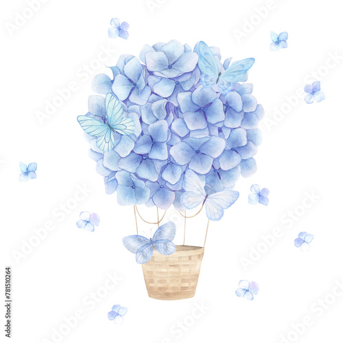 Floral hot air balloon and butterfly. Watercolor hydrangea. Fantasy print.Hand drawn illustration on white background