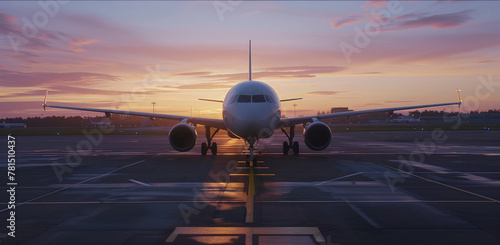 Commercial plane seen from the front on the airport runway during sunset