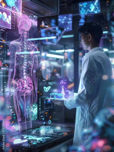 a doctor is immersed in using an advanced AI interface to enhance his expertise in medical innovation and technology 
