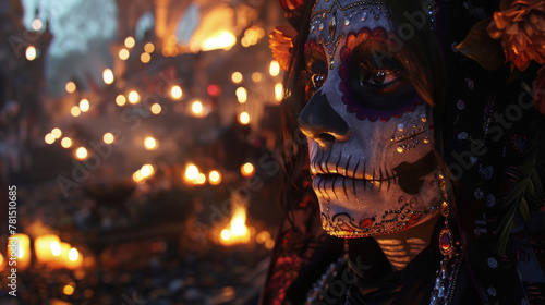 A woman adorned with Dia de los Muertos face paint stands among flickering candles, capturing the solemn beauty of the festival photo