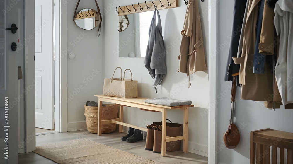 Scandinavian entrance of the home with functional hooks for coats, a wooden bench for sitting, a mirror for last-minute checks, and baskets for storing shoes