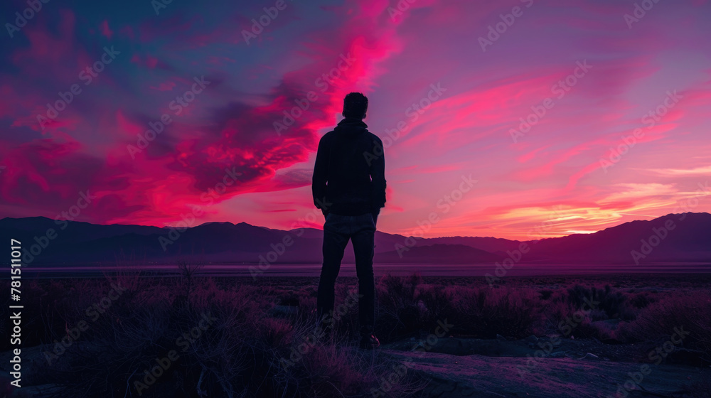 A lone figure stands contemplating the vivid pink and purple hues of the sunset sky against a desert backdrop A lone figure stands contemplating the vivid pink and purple hues of the sunset sky against a desert backdrop